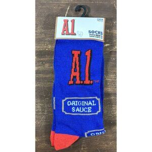A.1. Original Steak Sauce Mens Crew Socks 6-12 Fun Print Novelty Snack Blue A1